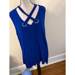 Cable & Gauge Woman Royal Blue Criss-Cross Grommet Sleeveless Tunic Top, Size 1X